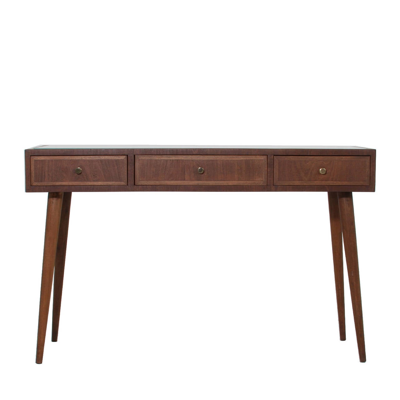 A lovely little desk or console table by Guiseppe Scapinelli for Moveis Tepperman designed with Brazilian Freijo wood with splayed round legs, an inset white glass top, and polished brass drawer pulls.

Many pieces are stored in our warehouse, so