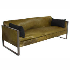 Milo Baughman Steel Flat Bar Sofa in Olive Green Pony Hair