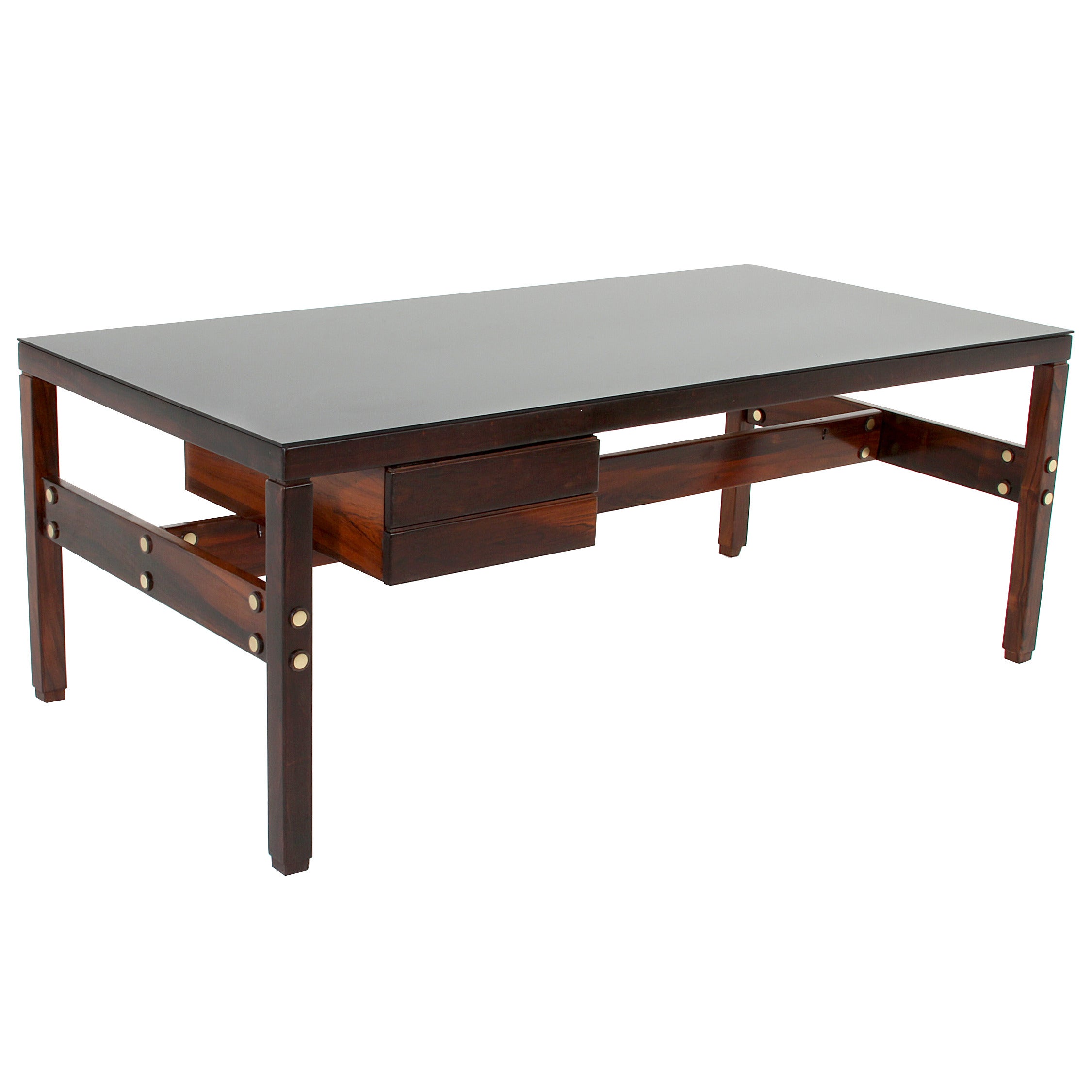 Sergio Rodrigues Rosewood and Brass Executive Desk with Black Glass Top