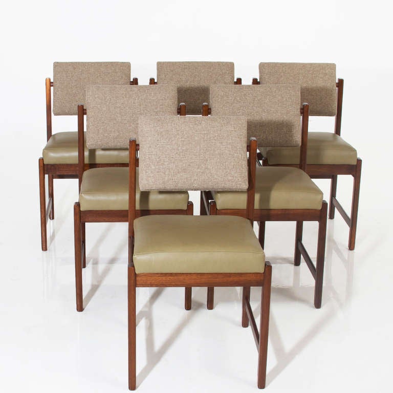 A custom, elegant solid wood dining chair available in a variety of woods and finishes with solid wood frame, pivoting back, and upholstered seat by Thomas Hayes Studio. The angle of the back creates good lumbar support. The frames are accented with