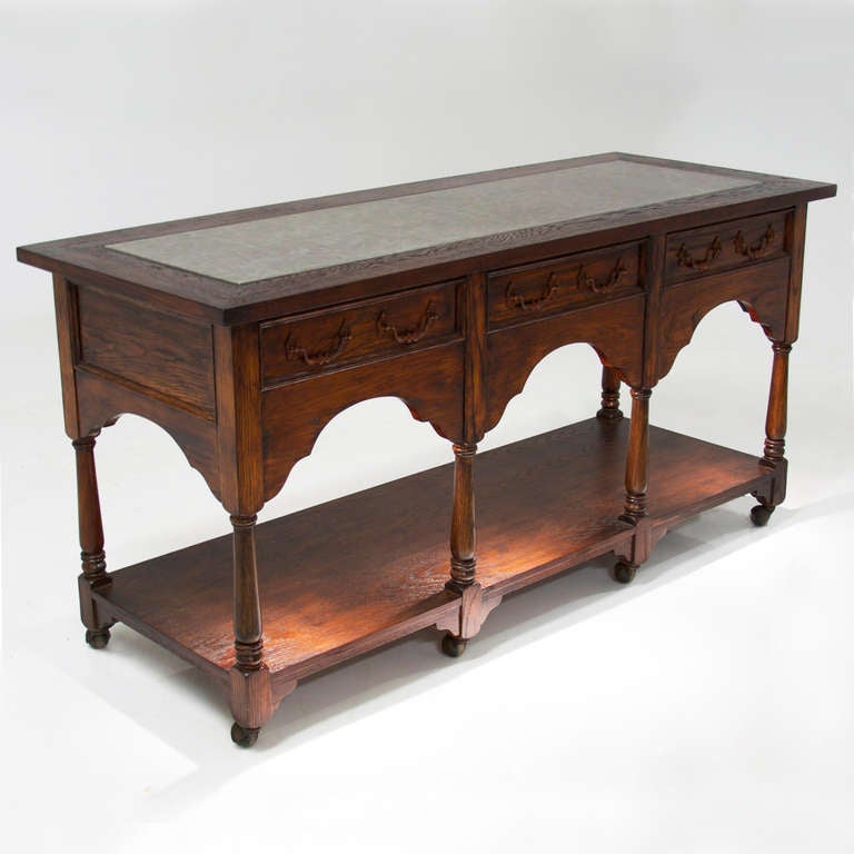 Hollywood Regency French Carved Oak Console Table on Casters