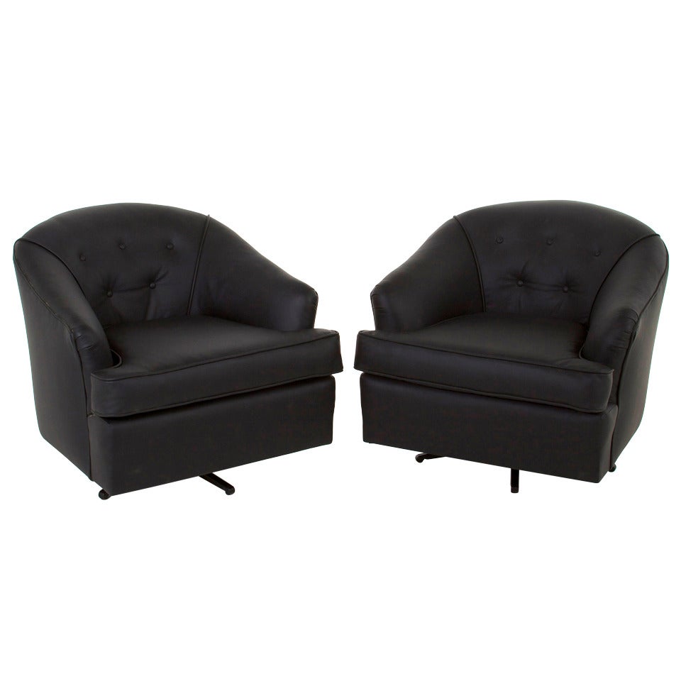 Pair of Vintage Black Leather Swivel Club Chairs