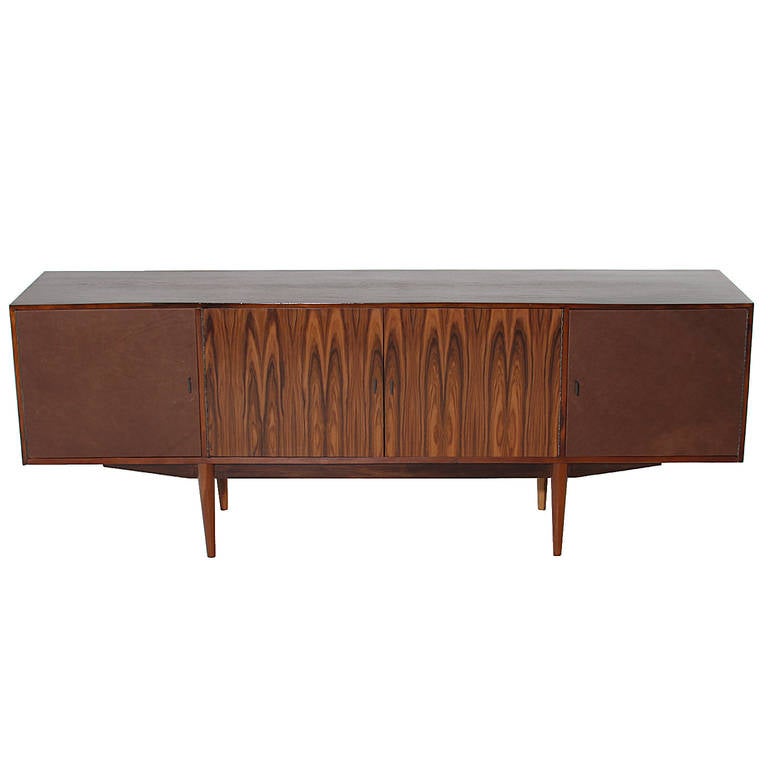 Mid-Century Brazilian Jacaranda Credenza with Leather Doors and Bronze Pulls For Sale