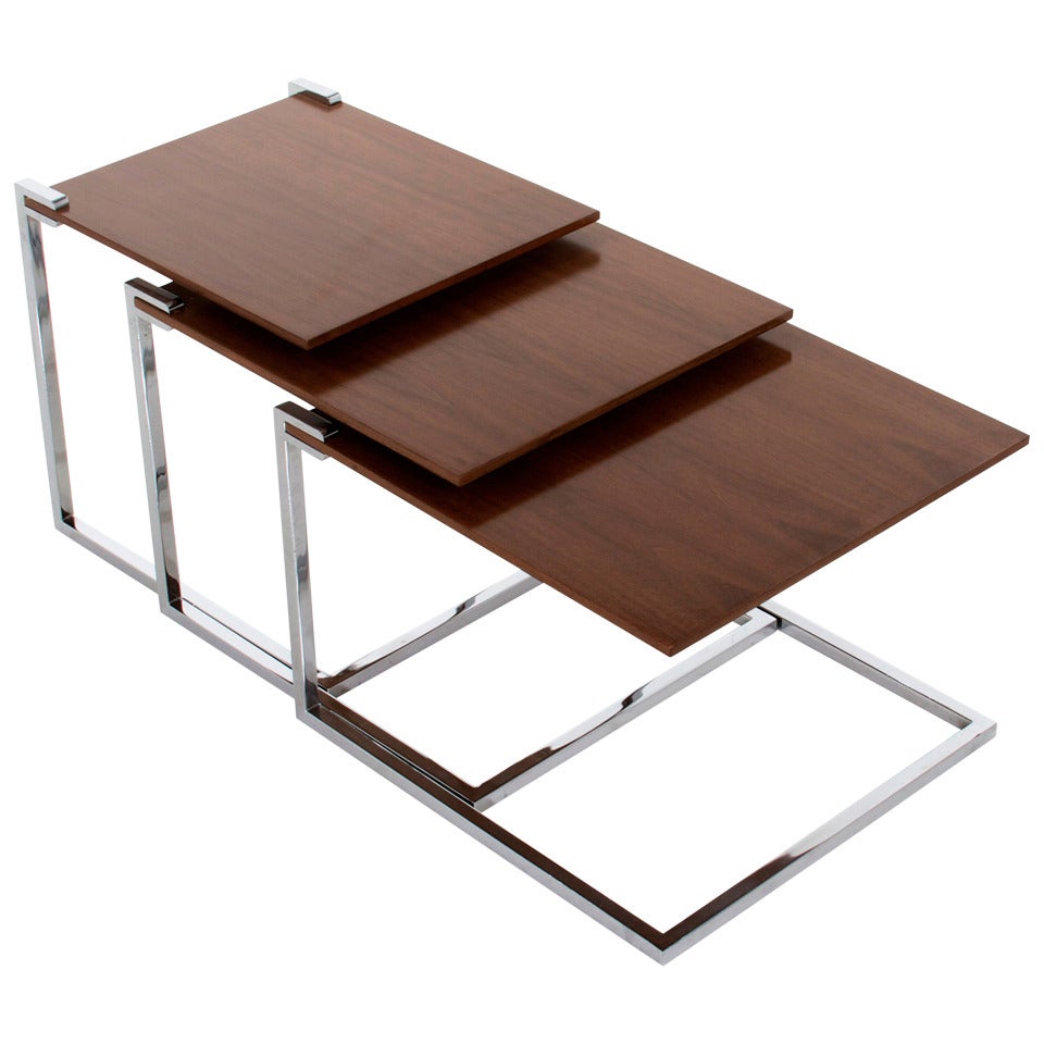 Set Of 3 Cantilevered, Floating Stainless Steel And Walnut Nesting Tables For Sale