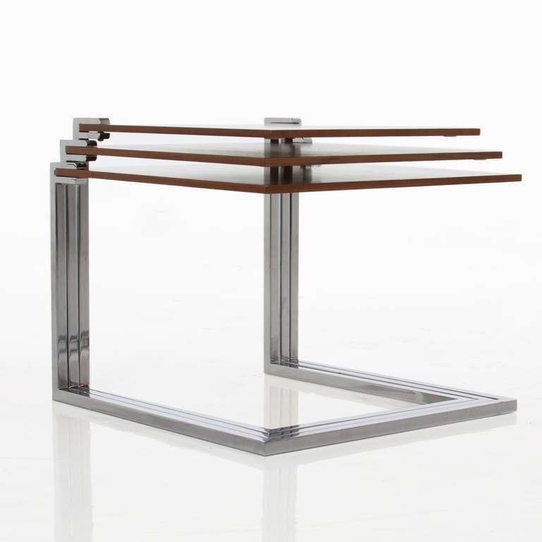 American Set Of 3 Cantilevered, Floating Stainless Steel And Walnut Nesting Tables For Sale
