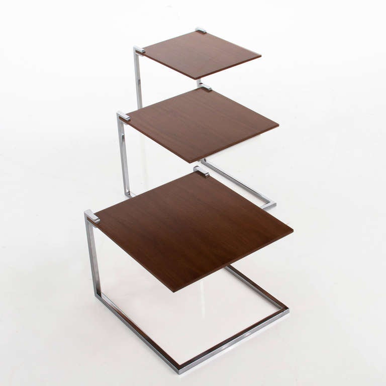 Set Of 3 Cantilevered, Floating Stainless Steel And Walnut Nesting Tables For Sale 1