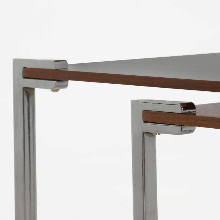 Set Of 3 Cantilevered, Floating Stainless Steel And Walnut Nesting Tables For Sale 3