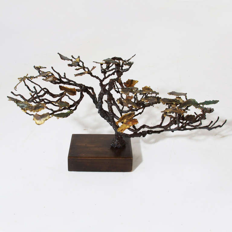 American Pair of Vintage Brutalist Braised Steel & Brass Tree Sculptures C. Jere Attribution