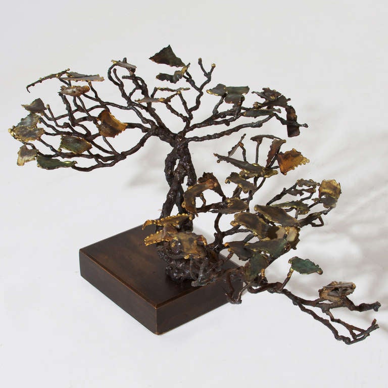 Pair of Vintage Brutalist Braised Steel & Brass Tree Sculptures C. Jere Attribution In Good Condition In Hollywood, CA