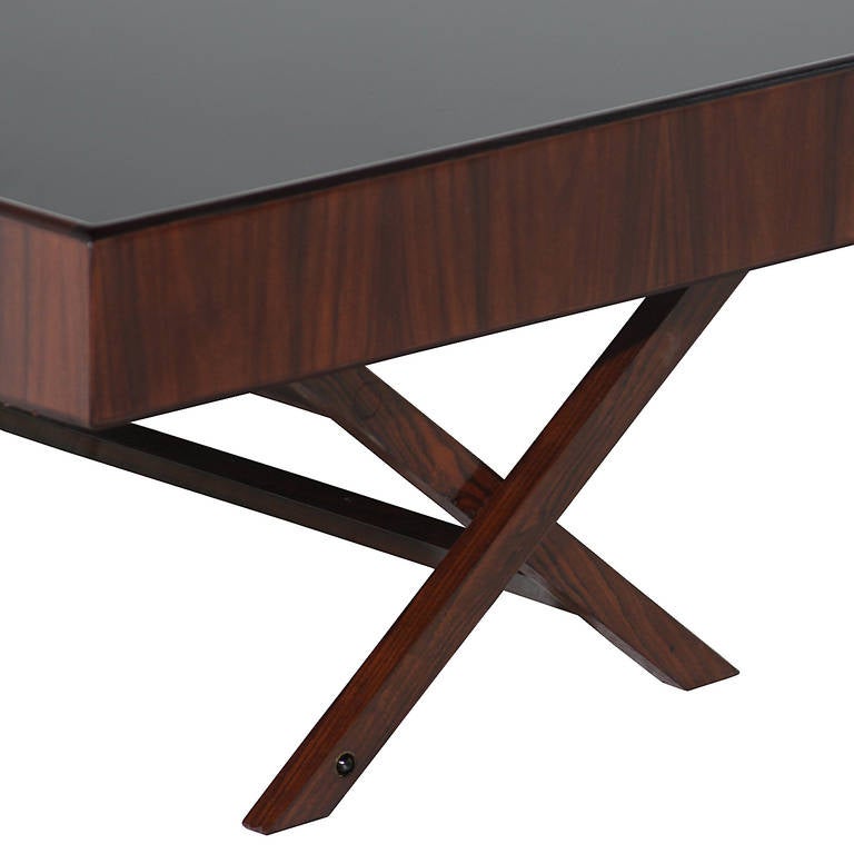 Mid-20th Century Low Rosewood Coffee Table with Reverse Painted Black Glass from Brazil