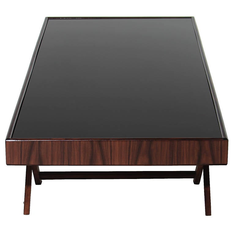 Brazilian Low Rosewood Coffee Table with Reverse Painted Black Glass from Brazil