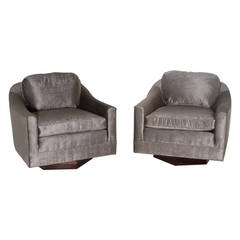 Pair of Velvet Swivel Chairs with Rosewood Hexagon Shaped Bases by Milo Baughman