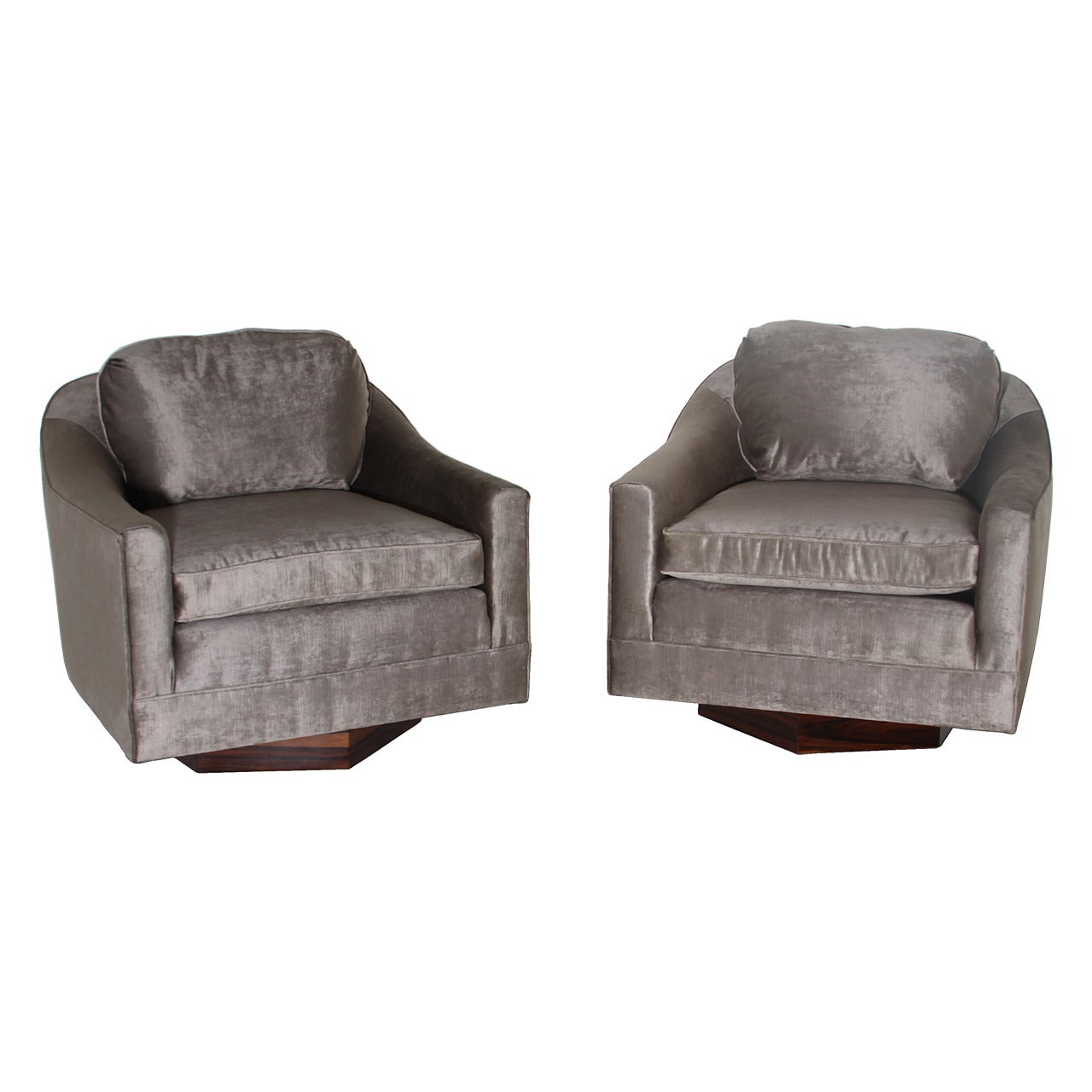 Pair of Velvet Swivel Chairs with Rosewood Hexagon Shaped Bases by Milo Baughman