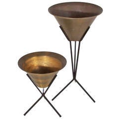 Pair of Rare Patinated Brass Planters on Tripod Bases Attributed to Paul McCobb