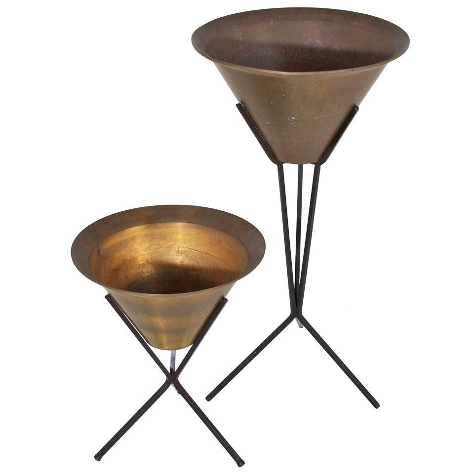 Pair of Rare Patinated Brass Planters on Tripod Bases Attributed to Paul McCobb