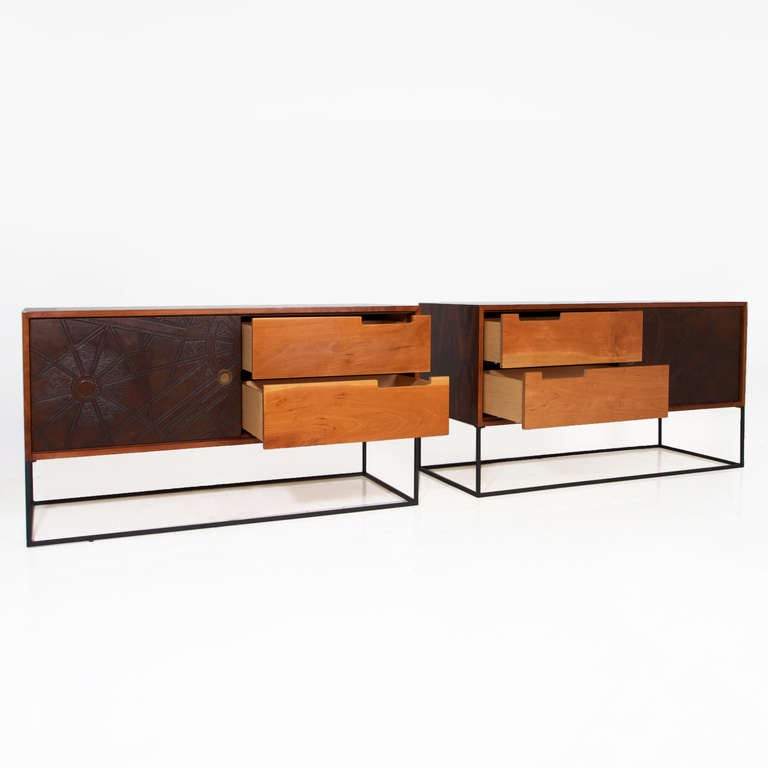 Set of Rosewood Bedside Tables with Leather Embossed Sliding Doors at
