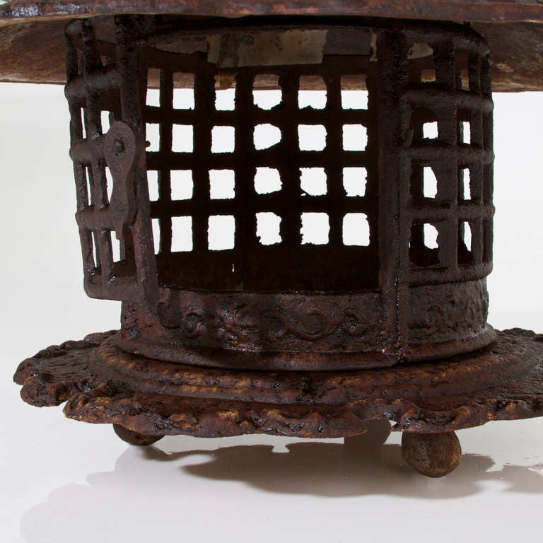 Large Solid Cast Iron Chinese Pagoda Lantern, Made to Hold Candles In Good Condition In Hollywood, CA