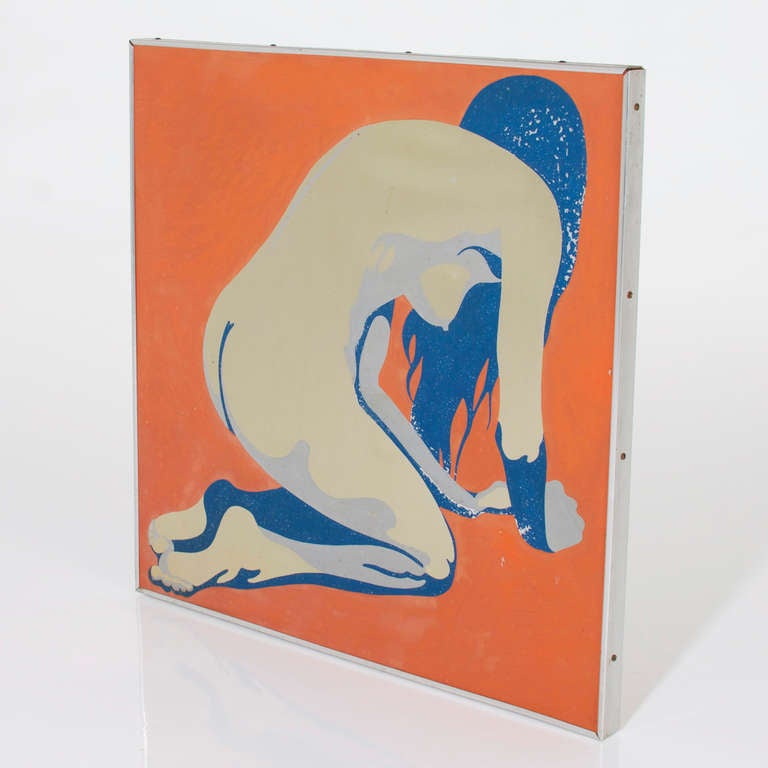 Decorative wall hanging depicting a woman kneeling in orange, blue and gray painted on a stainless surface. Signed R. Harold, 1966.
 