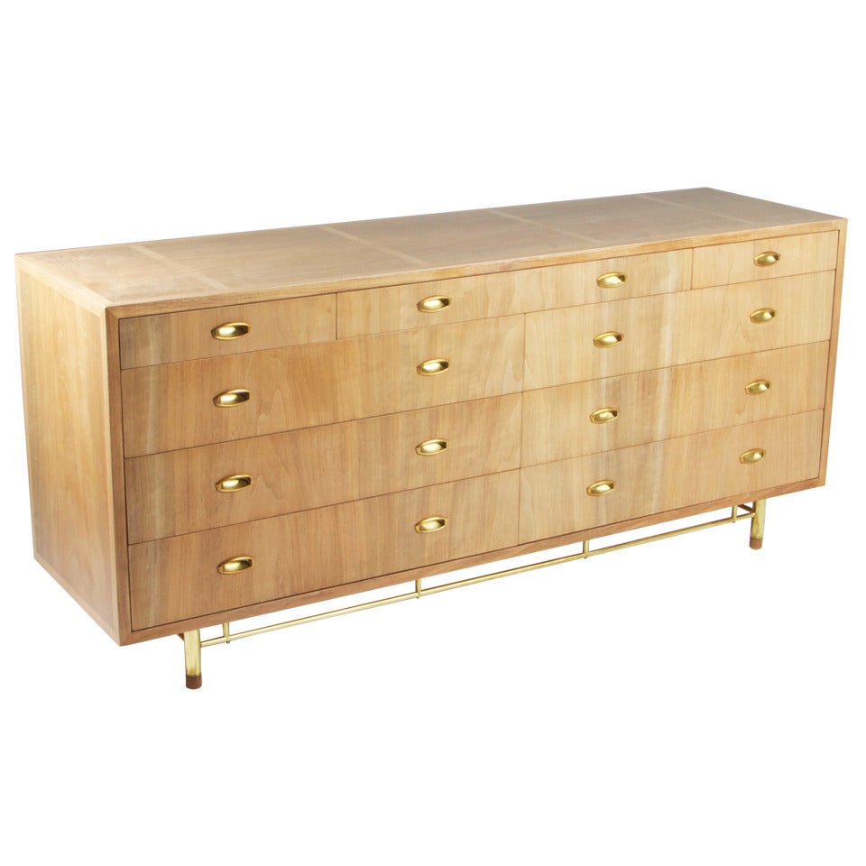 Vintage Mid-Century bleached Walnut & Brass dresser for Johnson furniture
