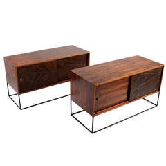 Set of Rosewood Bedside Tables with Leather Embossed Sliding Doors