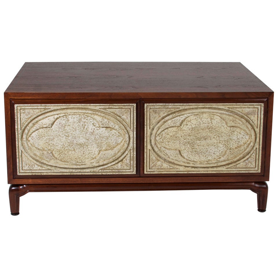 Mid-Century Monteverdi-Young Mahogany Coffee Table with Gesso Carved Doors  For Sale