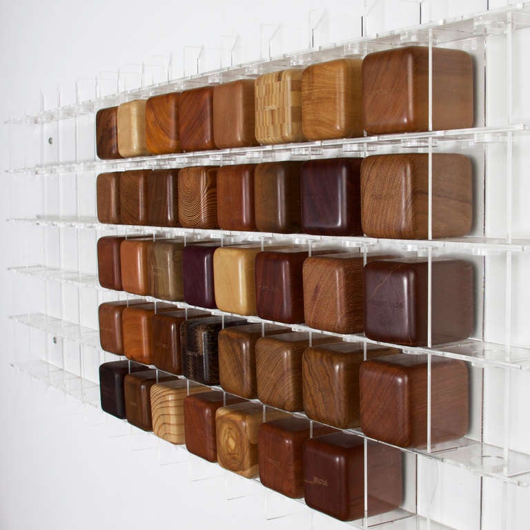An acrylic wall sculpture by Rodrigo Calixto with cubbies for solid exotic hardwood cubes with rounded corners that each display the name of the wood in Portuguese on the front. Cubes are very purposefully 7 x 7 cm, giving the 