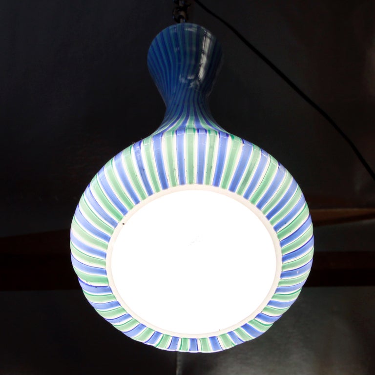 Striped Green, Blue and White Venini Pendant In Good Condition In Hollywood, CA