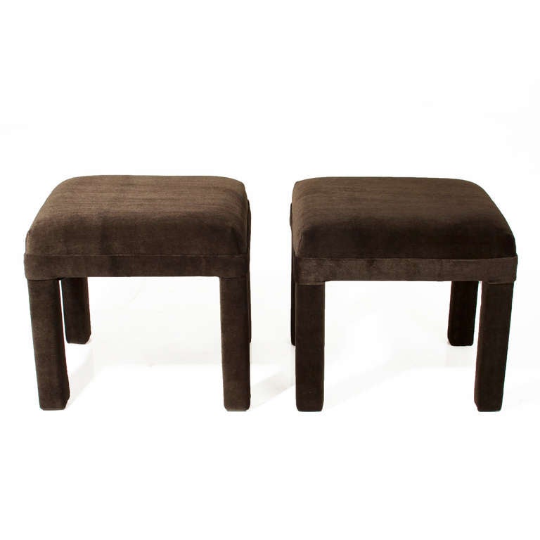 American Set of Vintage Hollywood Regency Brown Mohair Stools Attributed to Milo Baughman For Sale