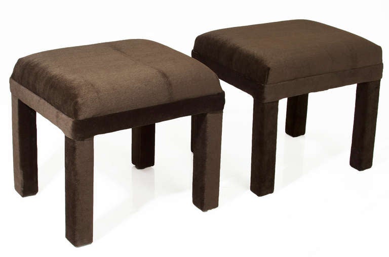 A pair of square vintage stools or foot rests reupholstered in high-quality brown mohair by Milo Baughman. 

Many pieces are stored in our warehouse, so please click on “Contact Dealer” button under our logo below to find out if the pieces you are