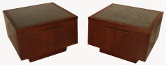 Pair of Large Walnut and Bronze End Tables by Harry Lunstead