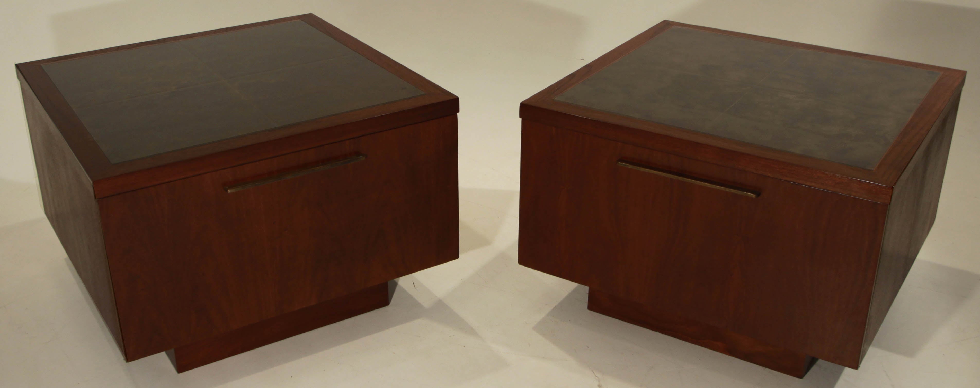 Pair of Large Walnut and Bronze End Tables by Harry Lunstead