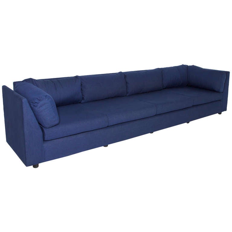 Large Vintage Italian Sofa Reupholstered in Blue Denim at 1stDibs