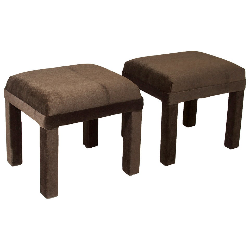 Set of Vintage Hollywood Regency Brown Mohair Stools Attributed to Milo Baughman For Sale