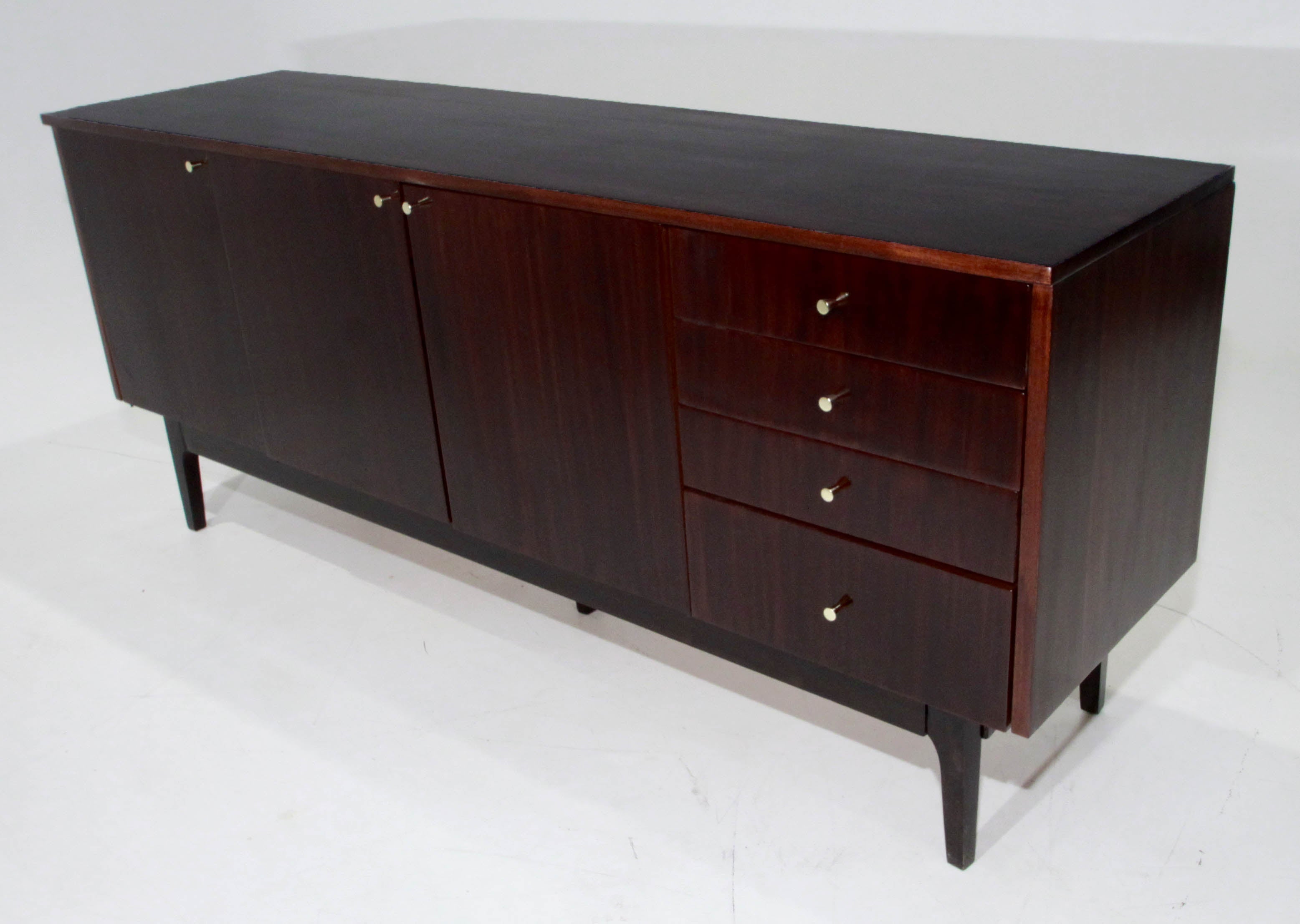 Mid-Century Mahogany Credenza with Brass Detailed Drawers For Sale
