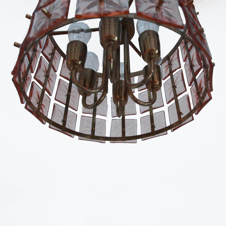 Mid-20th Century Pair of Beveled Rosé Colored Glass and Brass Chandeliers