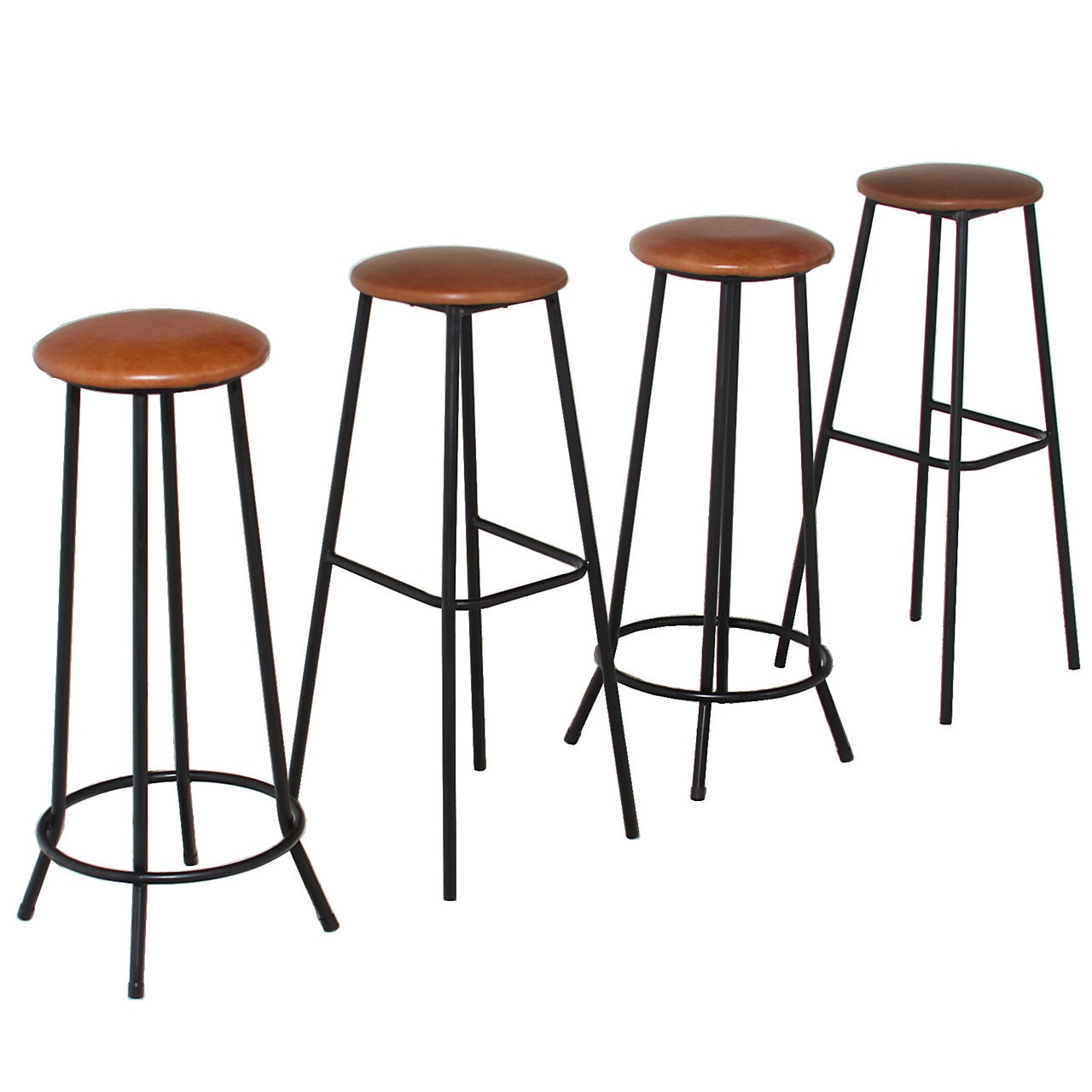 Midcentury Iron and Leather Stools with Straight and Splayed Legs For Sale