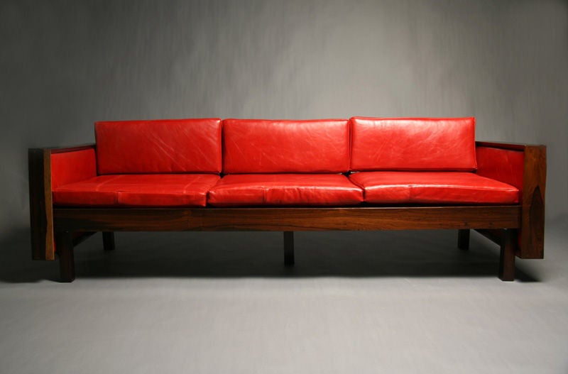 Mid-20th Century Brazilian Rosewood Open Back Sofa with Red Leather by Fatima Architects