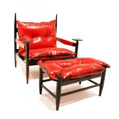 Rosewood and red leather arm chair and ottoman, Brazil