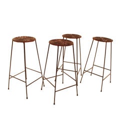 Vintage Set of 4 1960
s wicker and iron bar stools