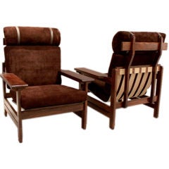 Pair of oak and brown suede Scandinavian lounge chairs