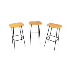 Set of 3 caramel leather and iron bar stools