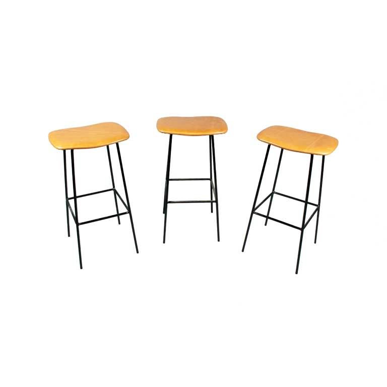 Set of 3 caramel leather and iron bar stools at 1stDibs