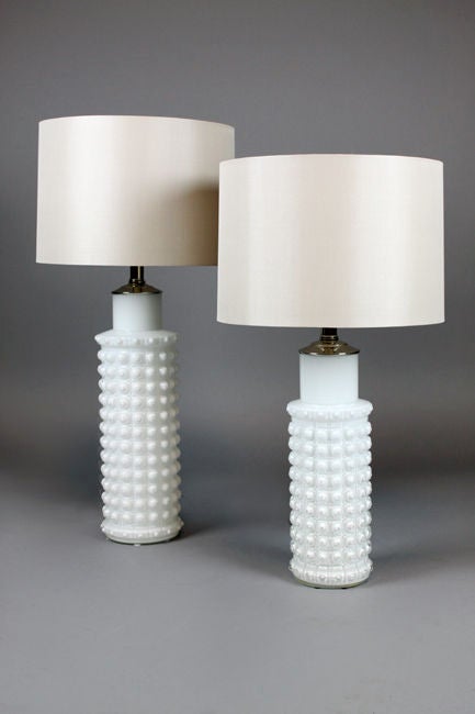 Mid-20th Century Pair of Vintage White Glass Danish Table Lamps with Linen Shades