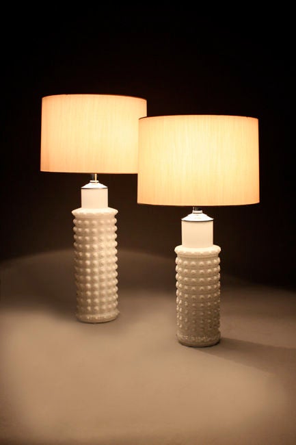 Pair of Vintage White Glass Danish Table Lamps with Linen Shades 1