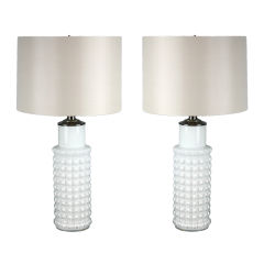 Pair of Vintage White Glass Danish Table Lamps with Linen Shades