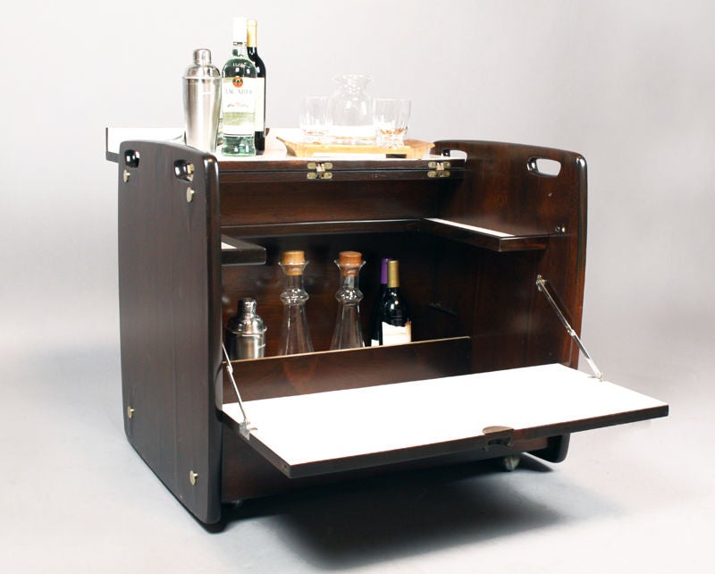 Brass Unfolding Rosewood Mini Bar by Sergio Rodrigues