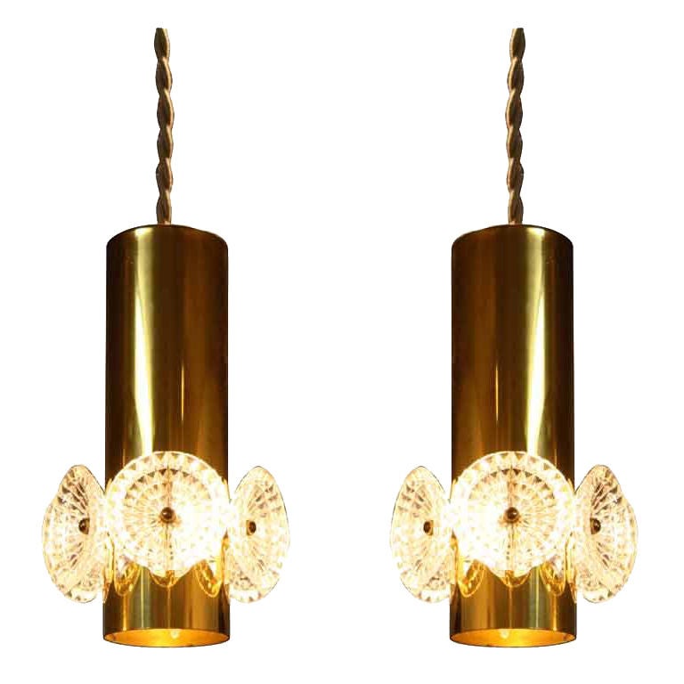 60's brass & glass flower pendants