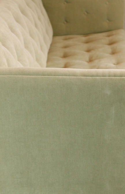 Light Olive Green, Tufted Tuxedo Sofa with Bronze Feet In Good Condition In Hollywood, CA
