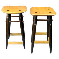 Pair of "Nine" Joined Wood Bar Stools By Sergio Rodrigues