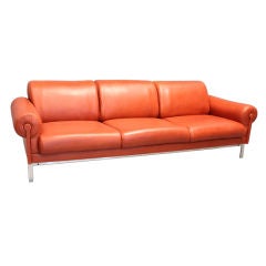 Burnt Orange Leather and Steel Sofa by Maison Jansen